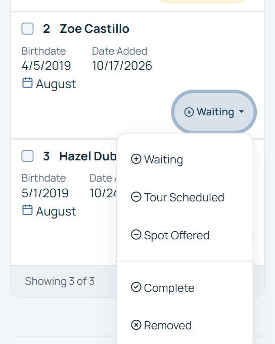 Status menu on a student's waitlist entry with Waiting, Tour Scheduled, Spot Offered, Complete and Removed.