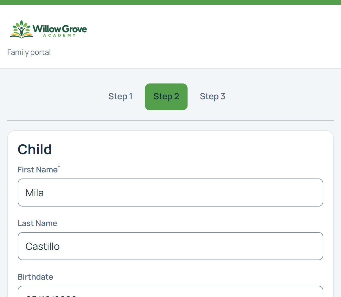 Willow Grove Academy online application on step 2, where a parent enters their child's details.