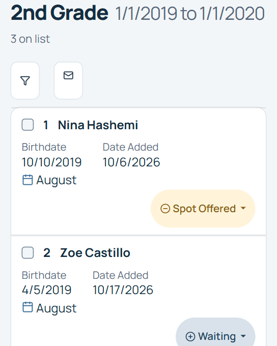 2nd Grade waitlist shown as student cards with Spot Offered and Waiting statuses.