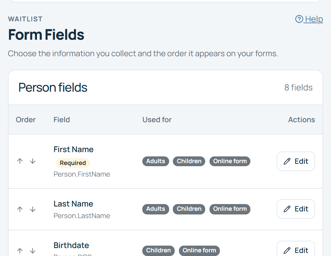 Form Fields settings listing the information collected for each patient and family, with options for which forms show each field.