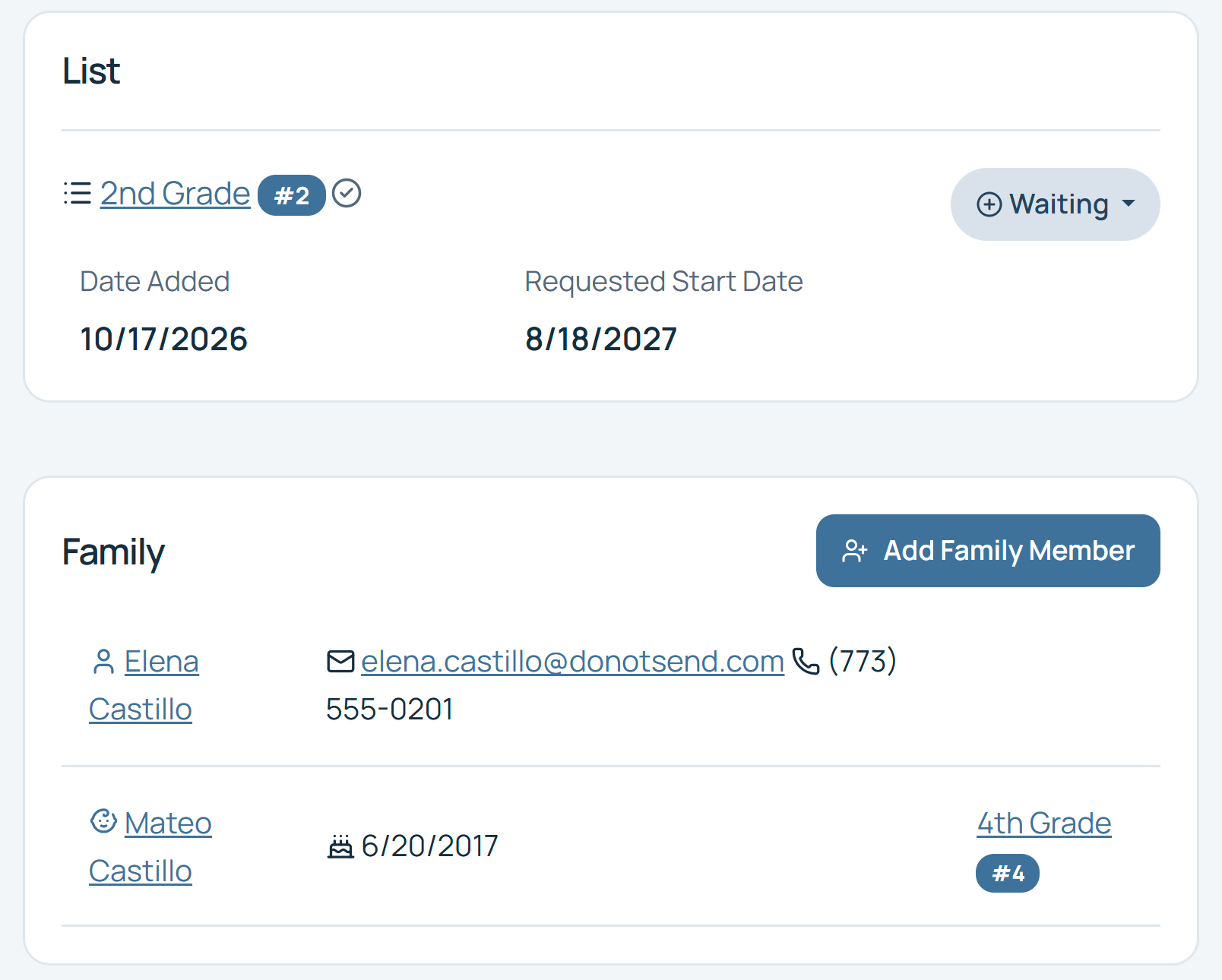Staff view of Zoe Castillo on the 2nd Grade waitlist, with a Family card linking parent Elena Castillo and sibling Mateo on the 4th Grade list.