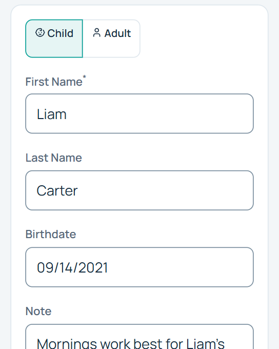 Online waitlist signup form on a phone, filled in with a patient's first name, last name, birthdate, and a note about appointment times.