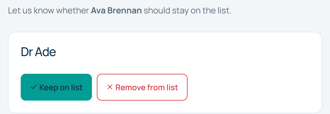 Patient portal page asking whether Ava Brennan should stay on the Dr Ade waitlist, with Keep on list and Remove from list buttons.