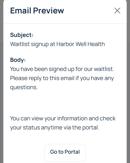 Email preview of the signup confirmation sent to patients, with a Go to Portal button.
