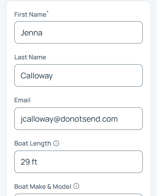 Harbor View Marina online signup form on a phone, with an applicant's details filled in.