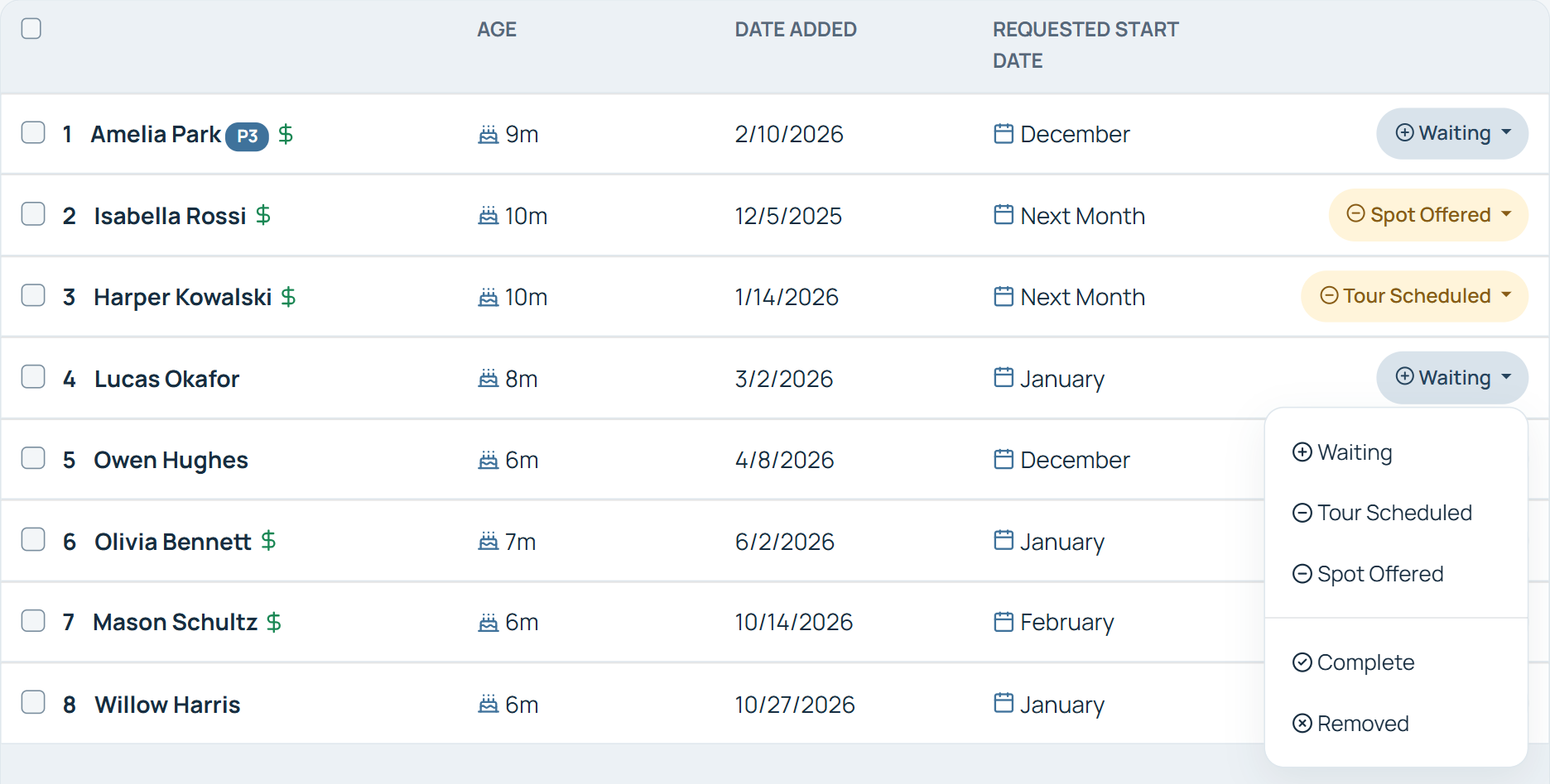 Sunny Days Childcare waitlist in WaitlistPlus with the status menu open for a child on the list.