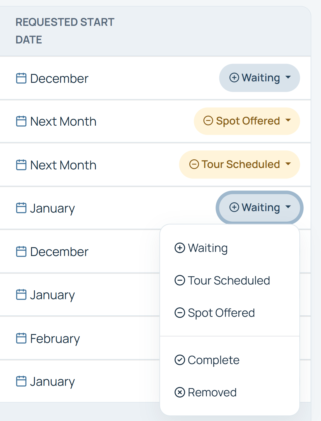Sunny Days Childcare waitlist entries with enrollment statuses and the status menu open to move a child forward.