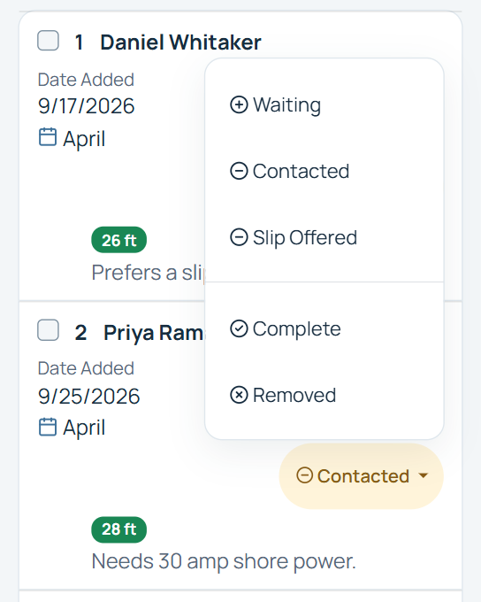 Harbor View Marina waitlist entry with the status menu open, ready to offer an open slip.