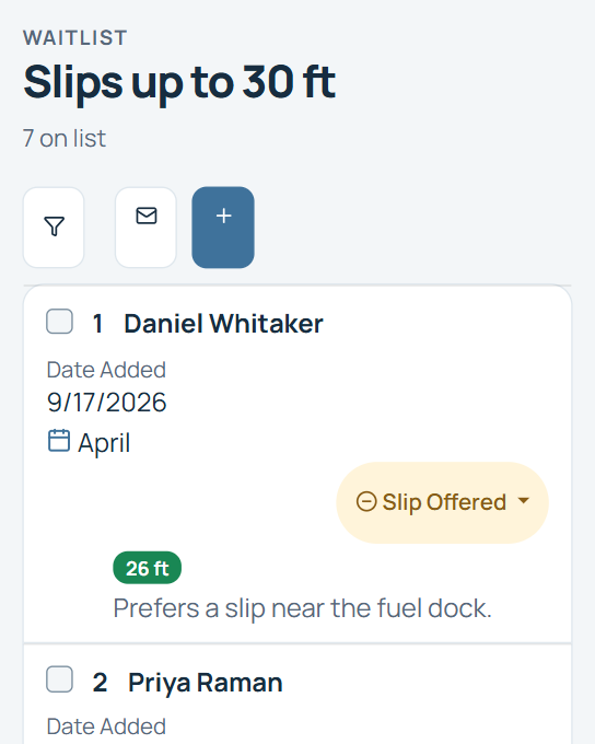 Harbor View Marina waitlist on a phone, showing boaters in order with their dates and statuses.