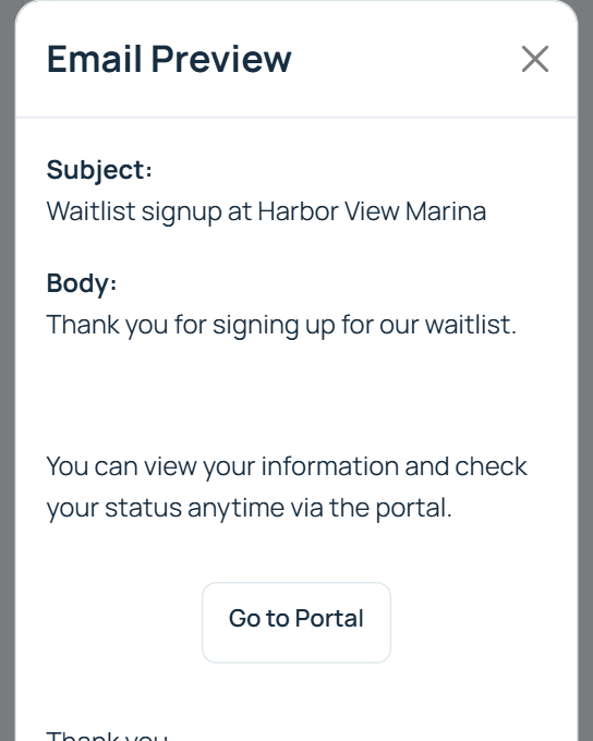 Preview of the Harbor View Marina signup confirmation email sent to a new applicant.