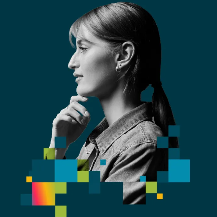 Professional woman in profile with a pixel graphic overlay