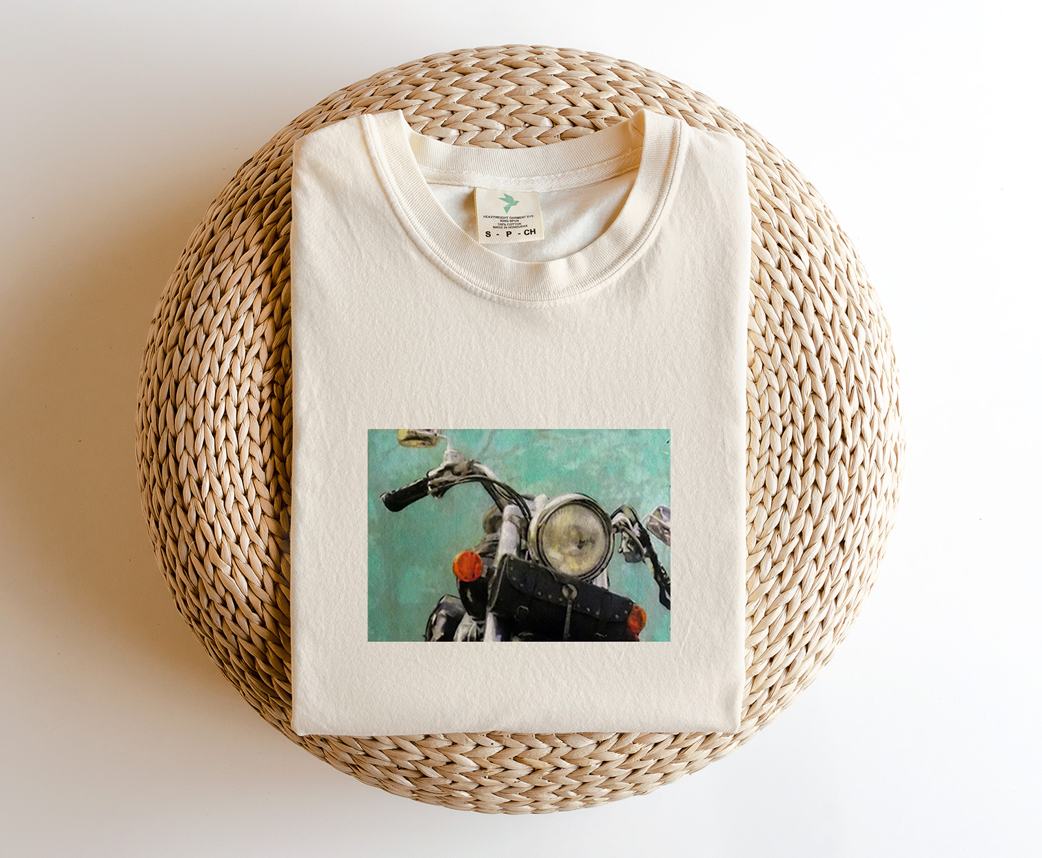 Freebird tee shirt with printed painting of a vintage motorcycle