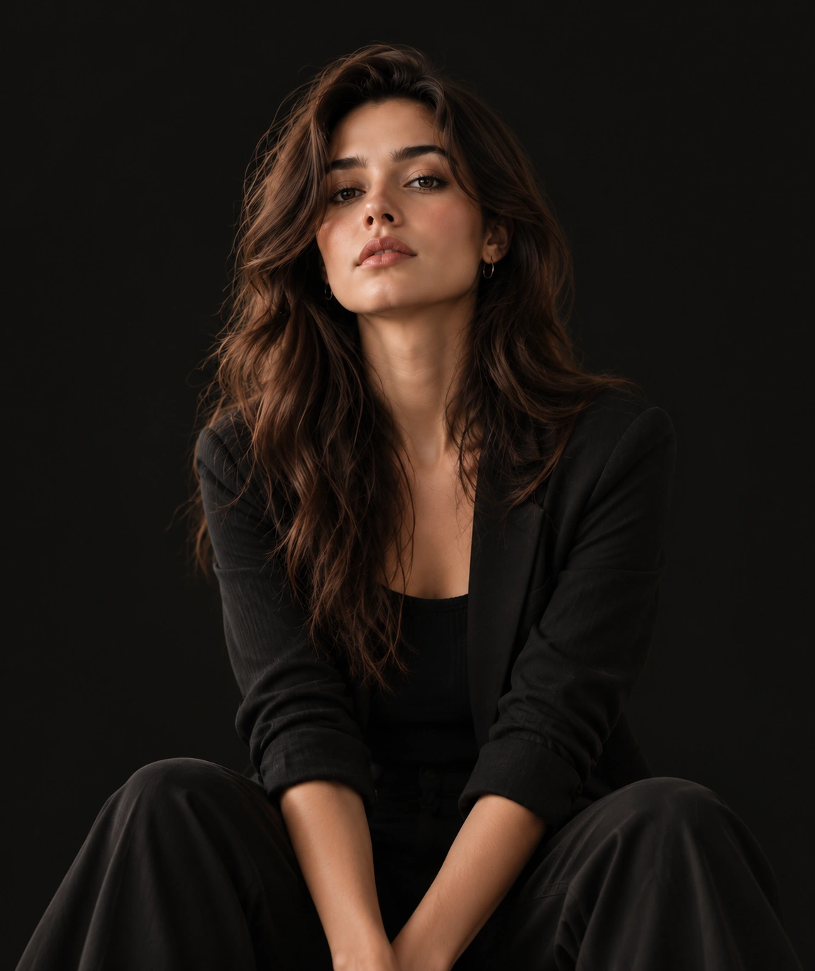 Ava Monroe, lifestyle creator, seated in a black blazer against a dark studio backdrop