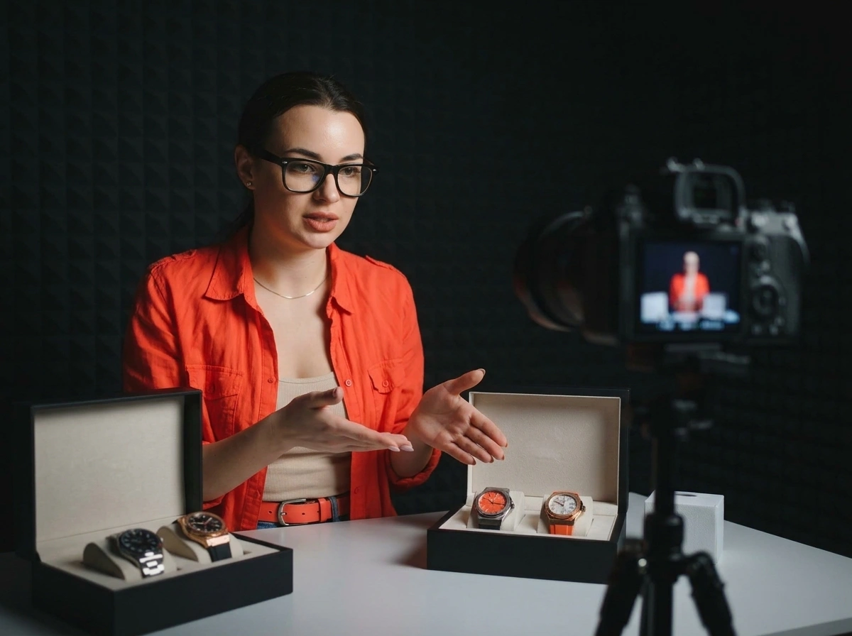 Woman in glasses and an orange shirt explains and shows four wristwatches displayed in two open black boxes while recording with a camera on a tripod.