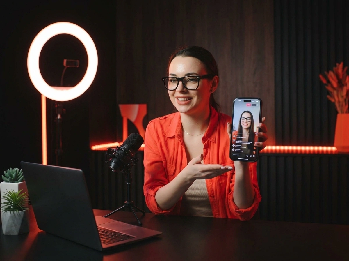 Creator going live on a phone mounted on a tripod