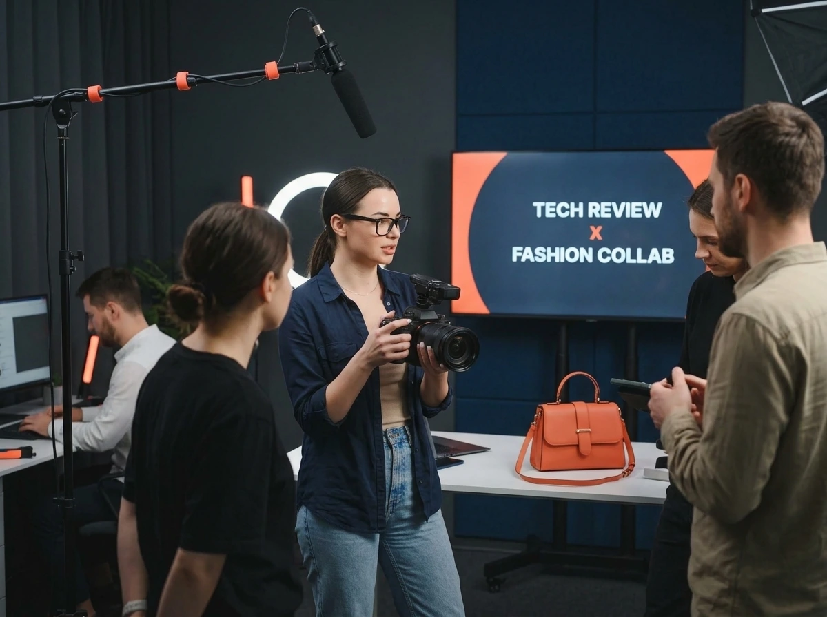 Creator filming a tech and fashion collaboration shoot with a crew