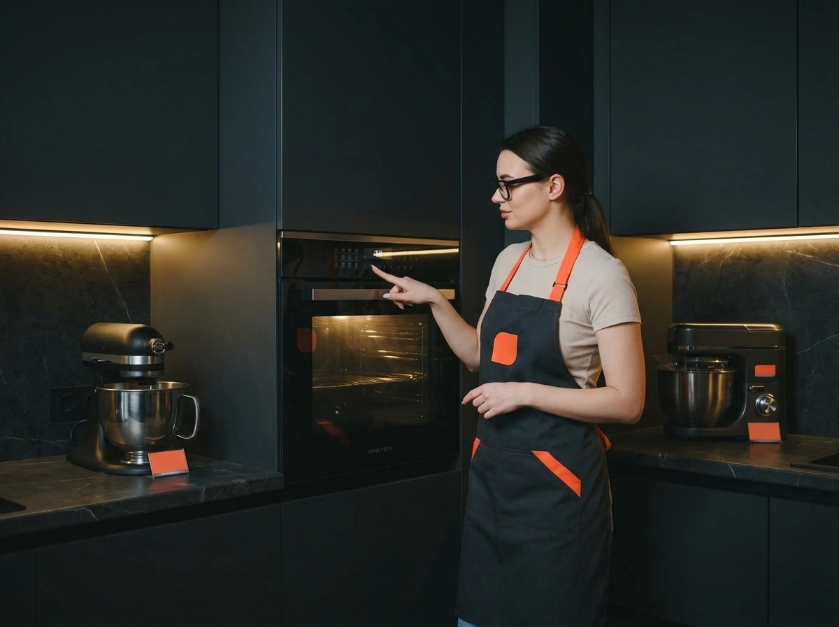 Creator in an apron presenting a smart kitchen appliance
