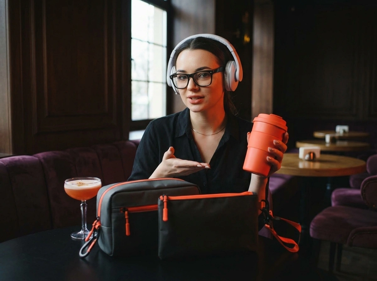 Content creator presenting travel gear