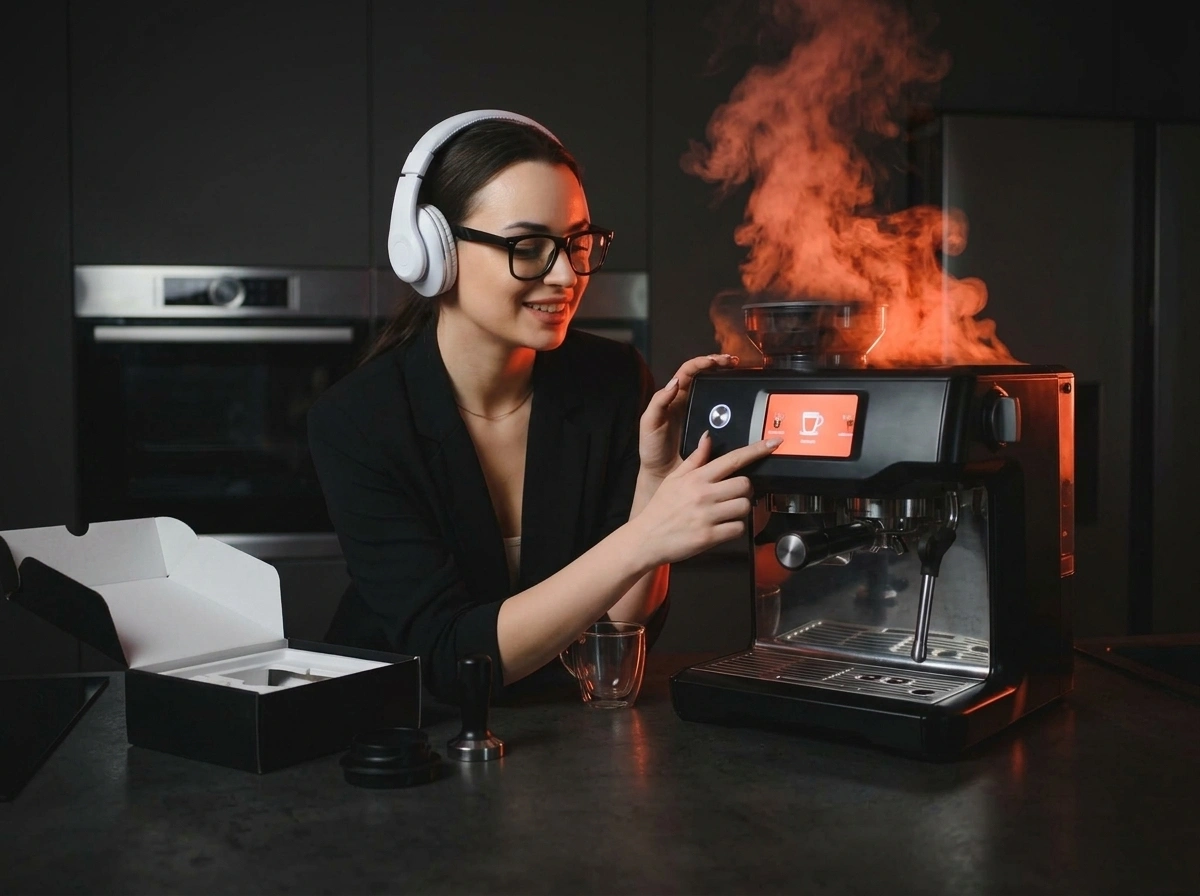 Creator demonstrating a smart coffee machine