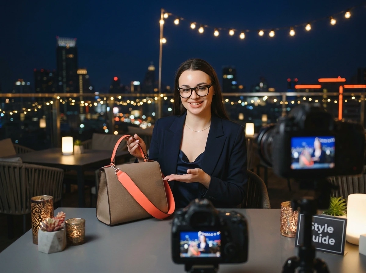 Creator promoting a handbag on a rooftop