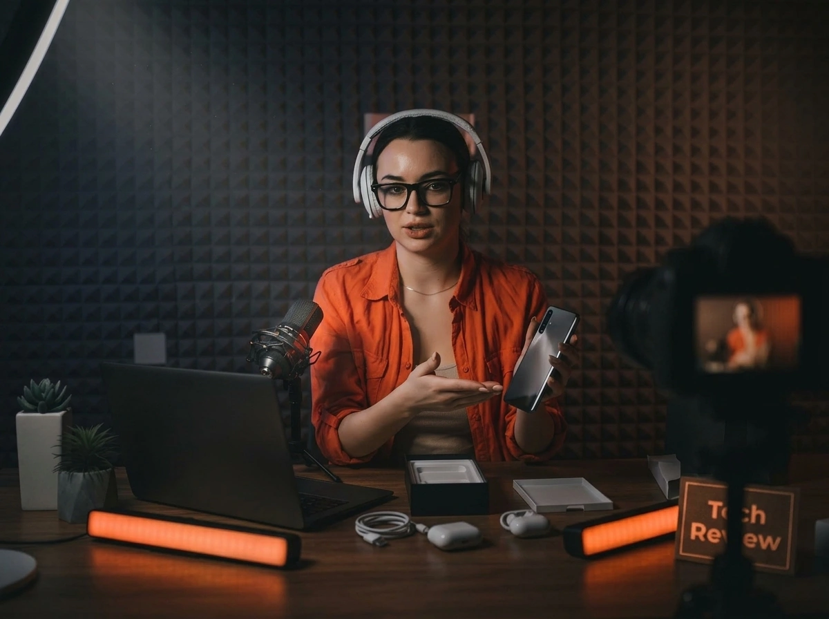 Creator recording a podcast in a studio