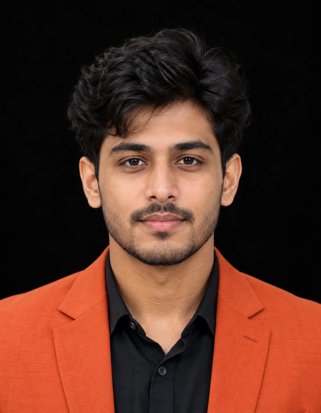Portrait of a young man with dark hair and light beard wearing a black shirt and orange blazer against a black background.