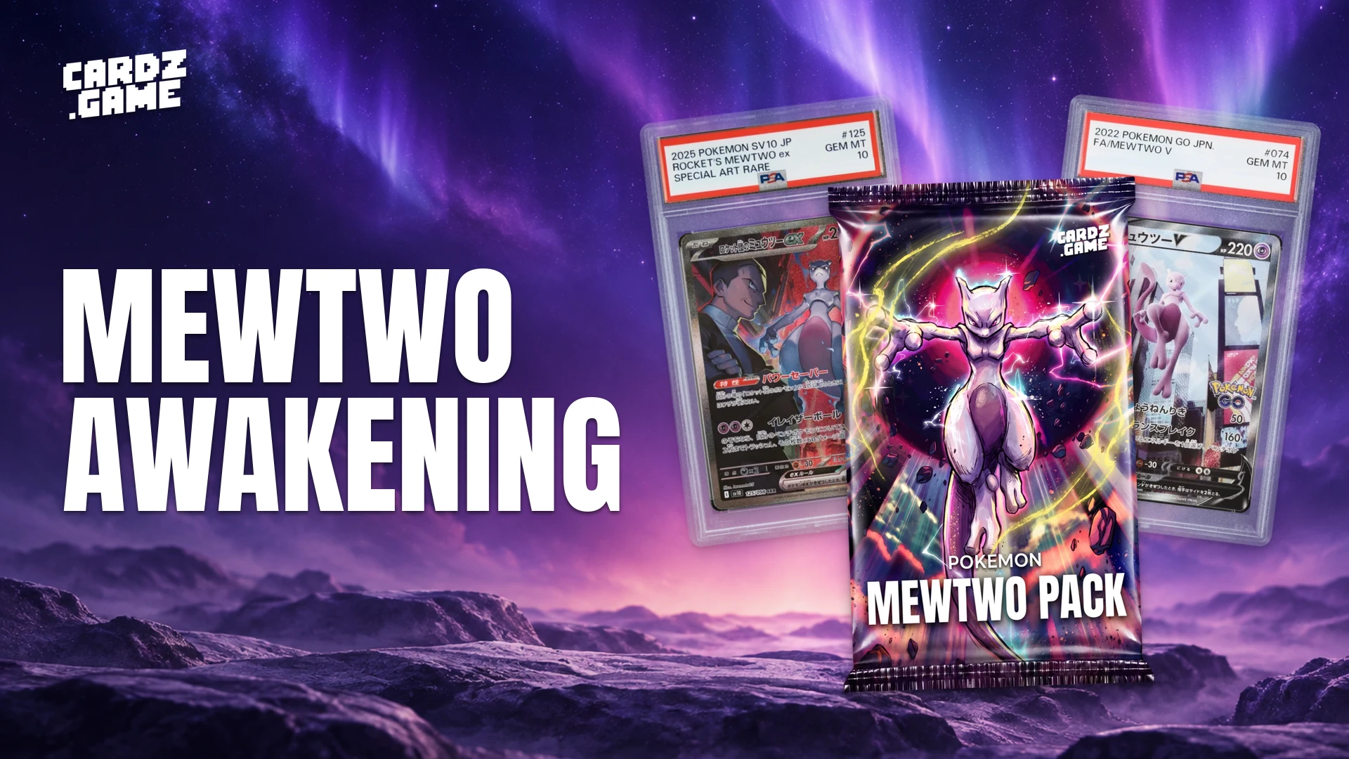 CARDZ.GAME Mewtwo Awakening banner with English campaign lettering.