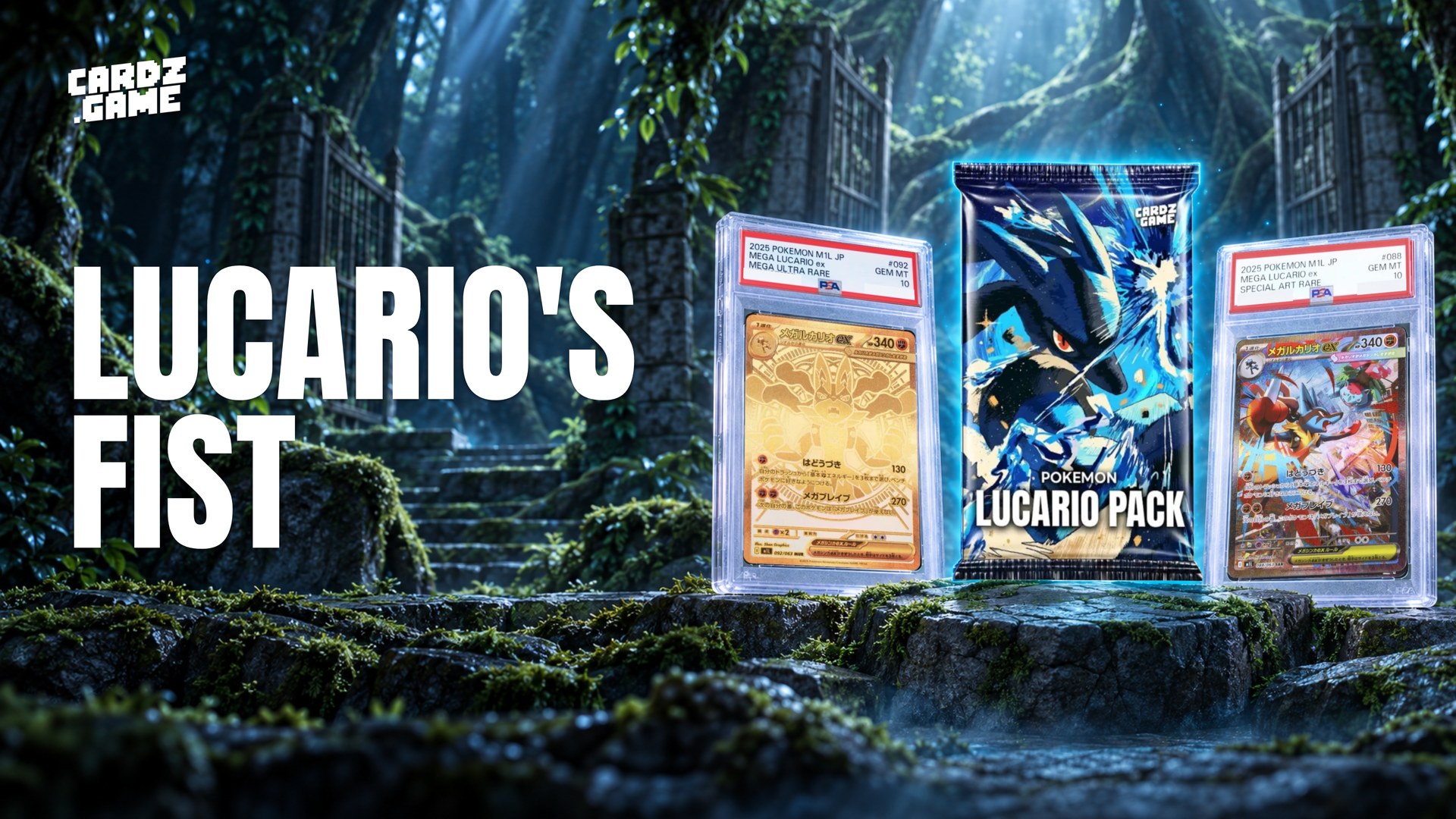 CARDZ.GAME Lucario Pack banner with English campaign lettering.