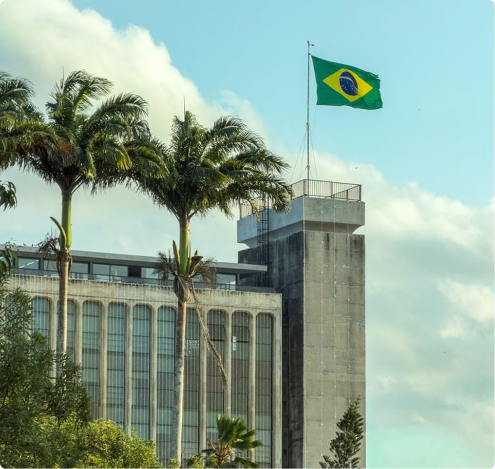 Brazilian flag above a building with palm trees