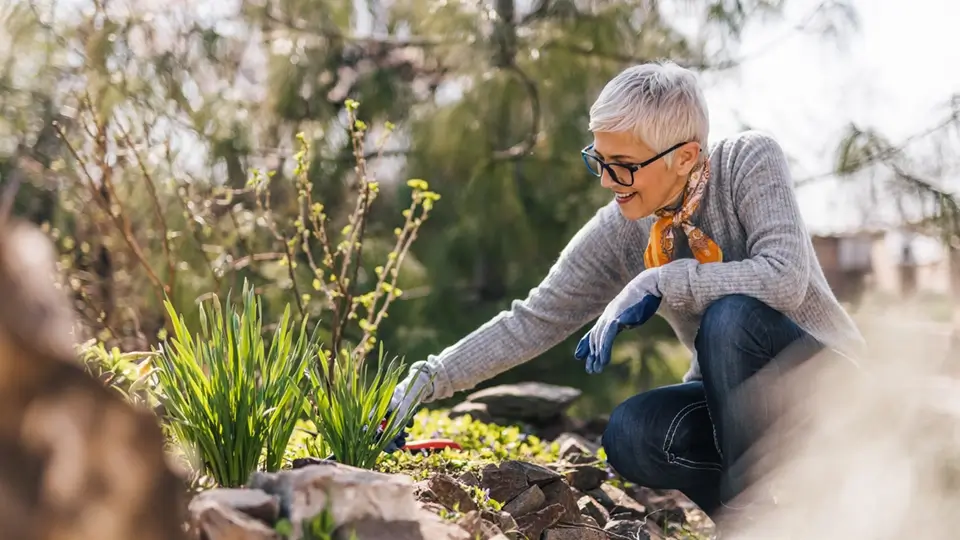An older woman in gardening gloves kneeling to tend plants in her garden.