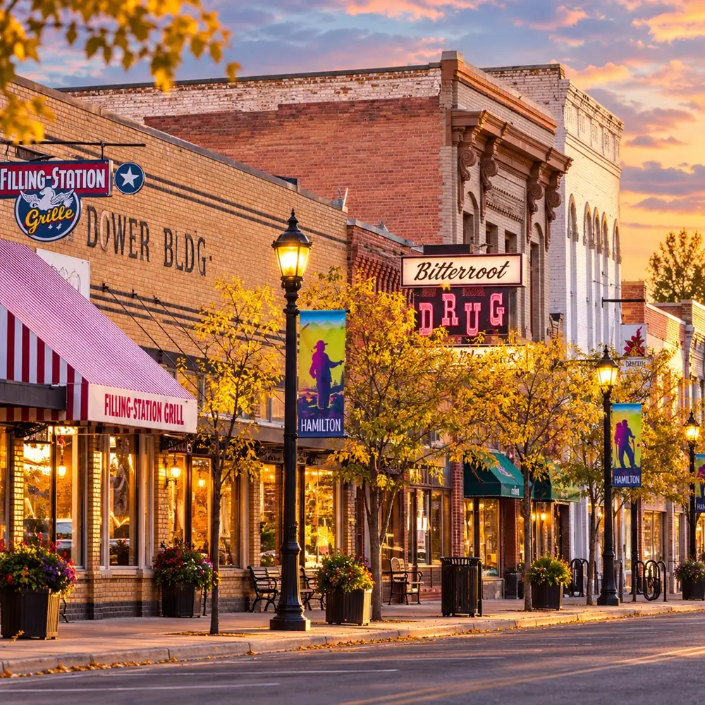 Downtown Hamilton at sunset, with autumn trees, street lamps, Hamilton banners and the Bitterroot Drug and Filling Station Grill storefronts along the street.