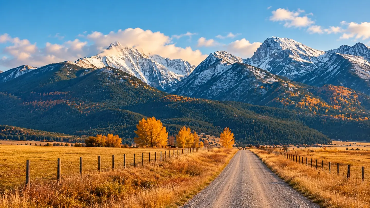 Gravel road leading through a golden autumn field with yellow trees in Western Montana, flanked by fences, toward snow-capped mountains under a partly cloudy blue sky.