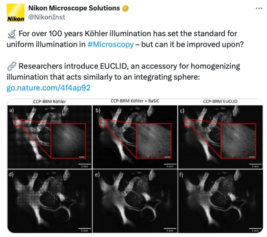 Nikon Microscope Solutions post on X introducing EUCLID, with side-by-side microscope images comparing Köhler illumination, Köhler with BaSiC correction, and EUCLID