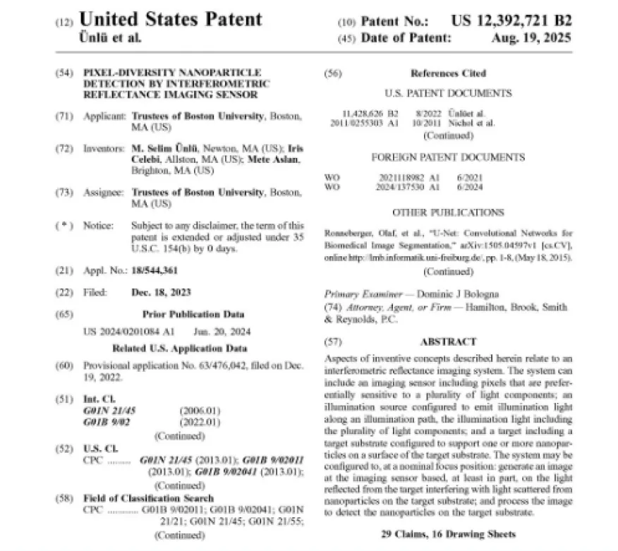 Front page of United States Patent US 12,392,721 B2, Pixel-diversity nanoparticle detection by interferometric reflectance imaging sensor, issued August 19, 2025