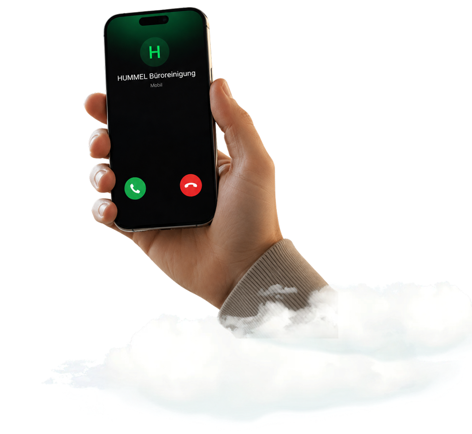 Eine Hand ragt aus einer Wolke und hält ein Telefon in die Luft. Darauf wird ein Anruf von der Hummel Büroreinigung GmbH angezeigt.