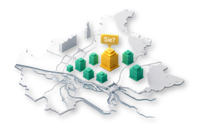 Eine grafisch vektorisierte Karte der Stadt Hamburg. Grüne Gebäude und ein gelbes in der Mitte.