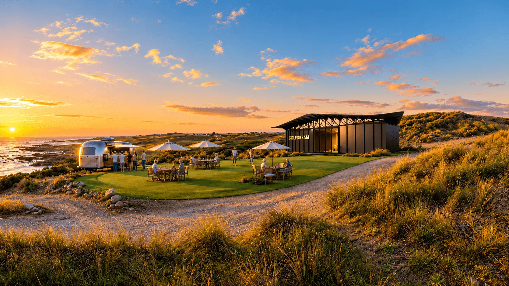 Sunset at a coastal golf pavilion named GOLFDREAM with people socializing near outdoor tables with umbrellas and a silver food truck beside the ocean on a grassy area surrounded by sandy paths and dunes.