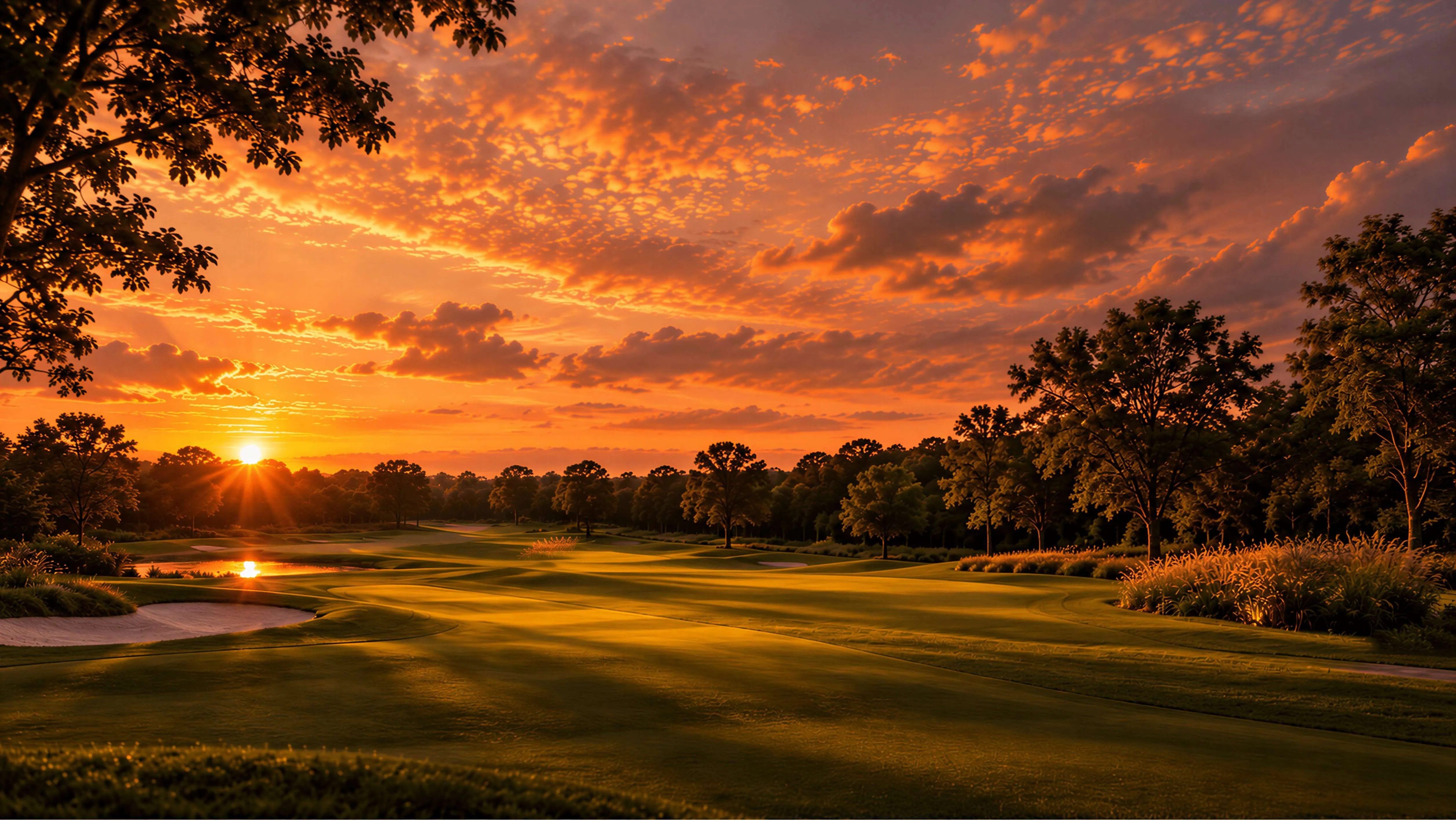 Golf course at sunset with sun low on horizon casting golden light over green fairways, surrounded by trees and partly cloudy orange sky.