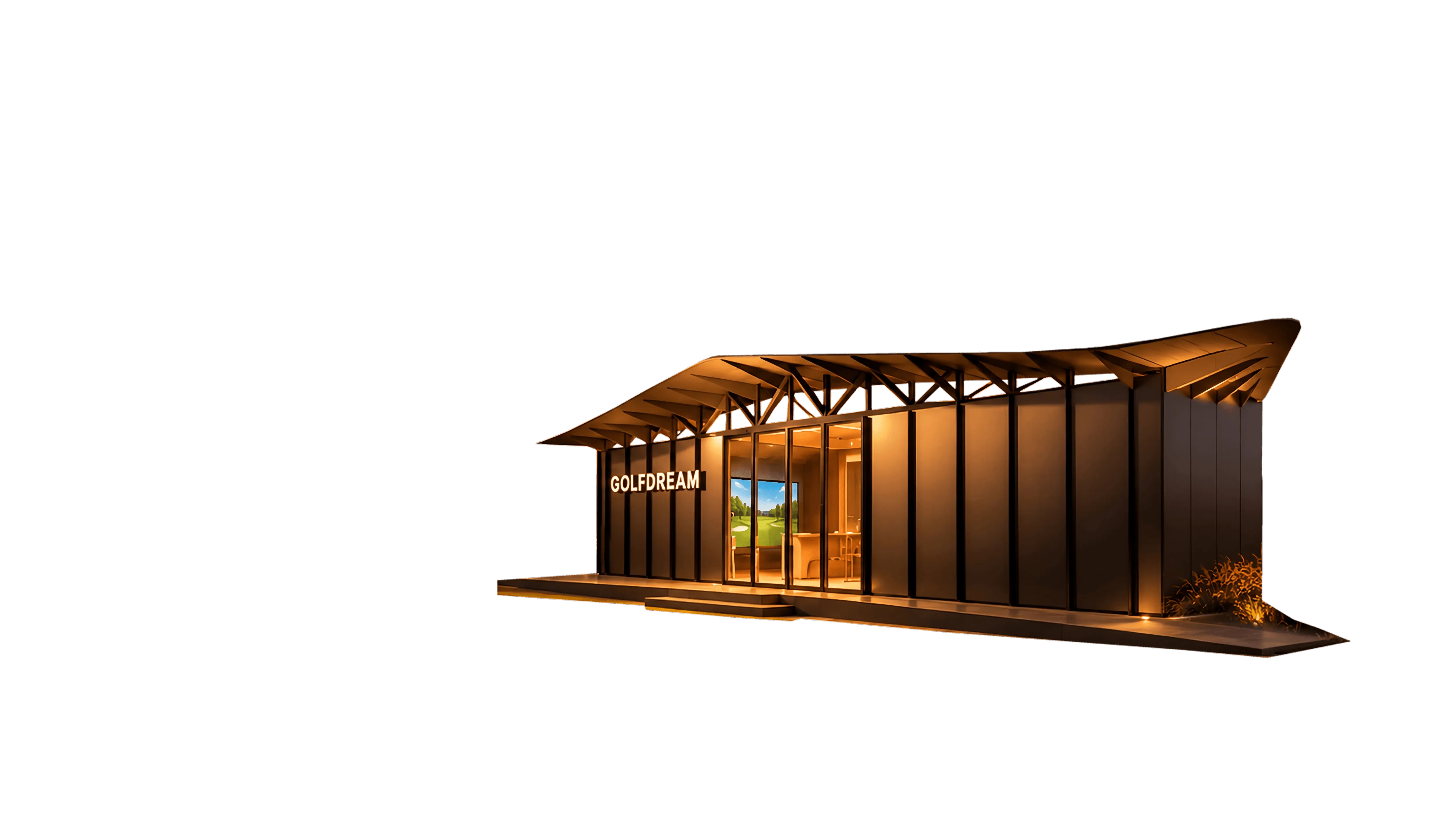 Modern small building with large glass entrance and illuminated sign reading 'GOLDREAM' on a dark paneled exterior with an extended angular roof.