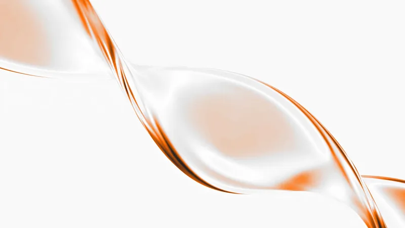 Abstract close-up of a twisted, translucent ribbon with smooth curves and orange highlights on a white background.