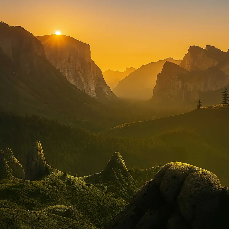 Sun setting behind steep mountain cliffs casting golden light and shadows over forested valley and rocky foreground.