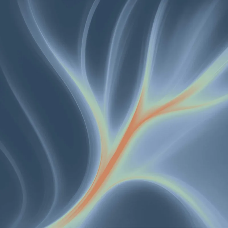 Abstract digital illustration with flowing, branching lines in shades of blue and orange, resembling veins or neural pathways.