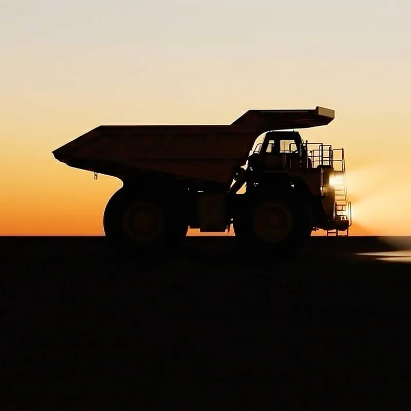Silhouette of a large mining dump truck on flat ground with a sunset sky in the background.