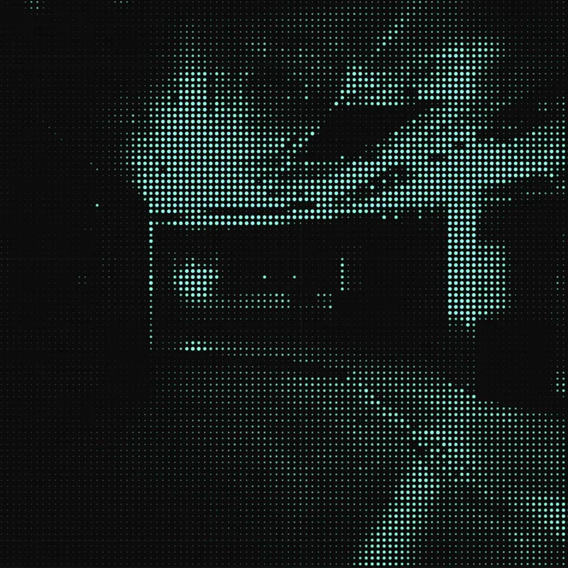 Halftone pattern image of a dimly lit kitchen area with a refrigerator, cabinets, and a countertop under soft lighting.