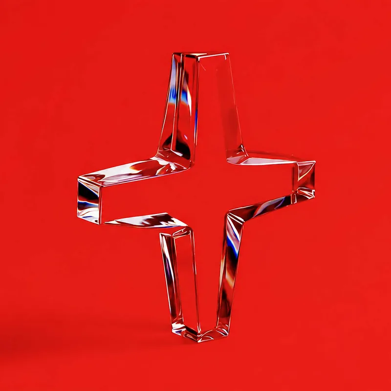 Transparent glass-like three-dimensional plus sign floating against a solid red background.