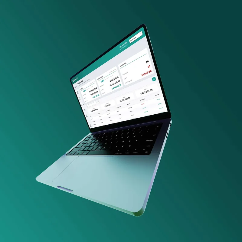 Open laptop floating on teal background showing a financial dashboard screen with user John Smith logged in, displaying approved and pending amounts, balances, and transaction details with numbers and currency amounts in black, green, and red text.