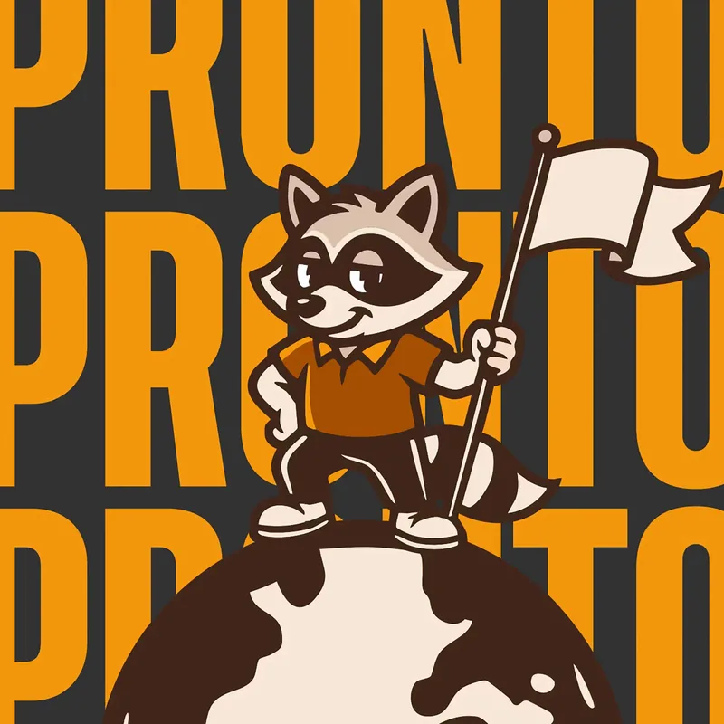 Cartoon raccoon character standing confidently on a globe, holding a white flag, with repeating large orange text 'PRONTO' in the background.