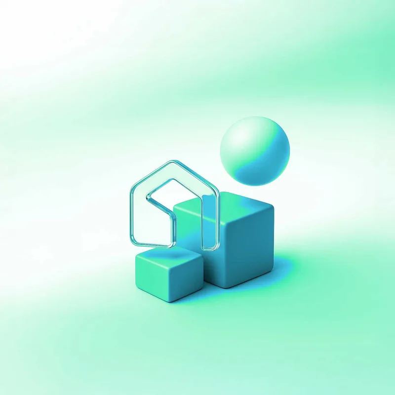 3D illustration of two teal cubes of different sizes and a teal sphere floating above the larger cube, with a transparent, hollow house-shaped outline leaning on the smaller cube, all set against a soft teal and white gradient background.