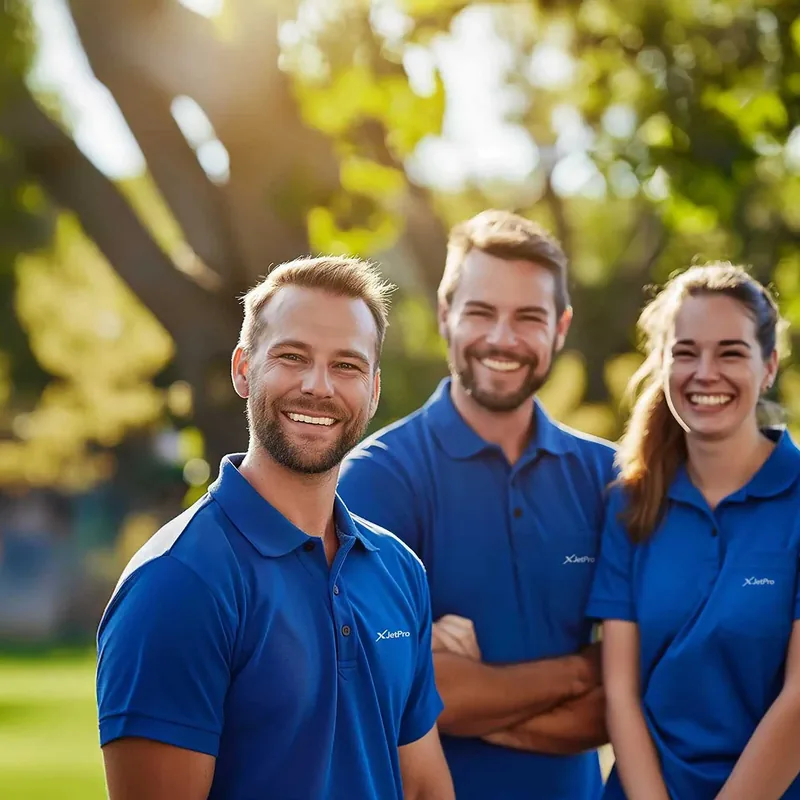 Three smiling adults wearing blue polo shirts with the JetPro logo standing outdoors with blurred trees in the background.