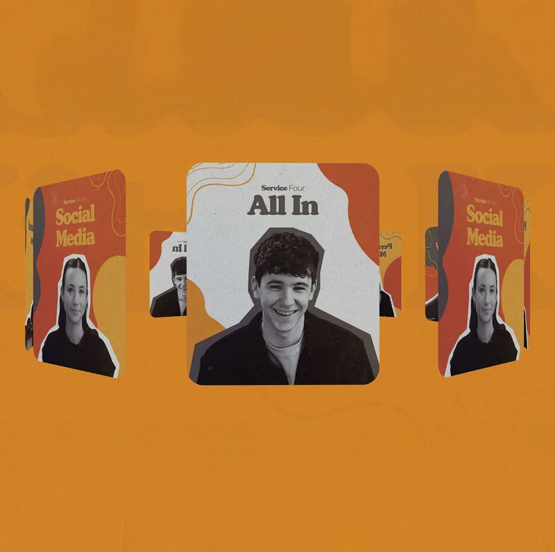 Digital cards floating on an orange background, featuring portraits of a smiling young man and a young woman. Cards with the man read 'Service Four All In' and cards with the woman read 'Service Five Social Media.'